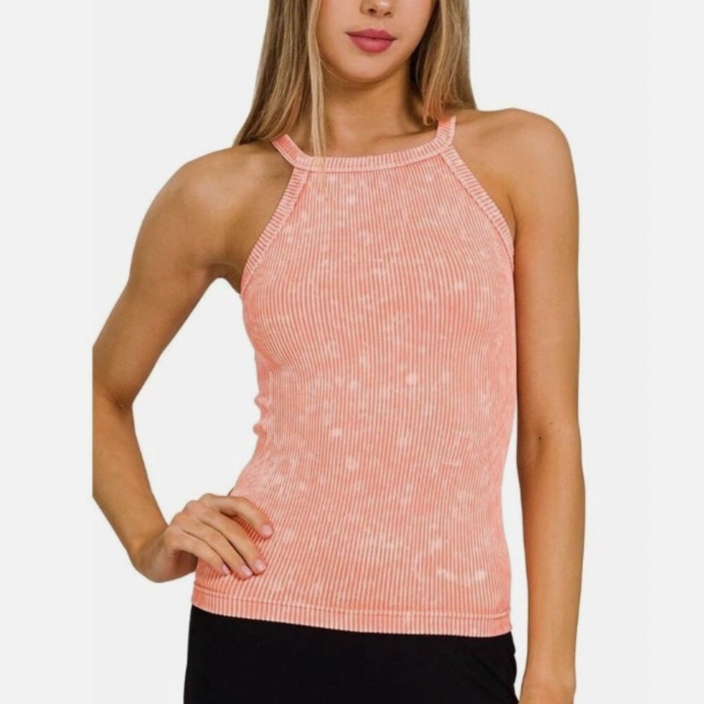NEW ZENANA CORAL PEACH CORAL STONE WASHED RIBBED SEAMLESS CAMI TOP S/M